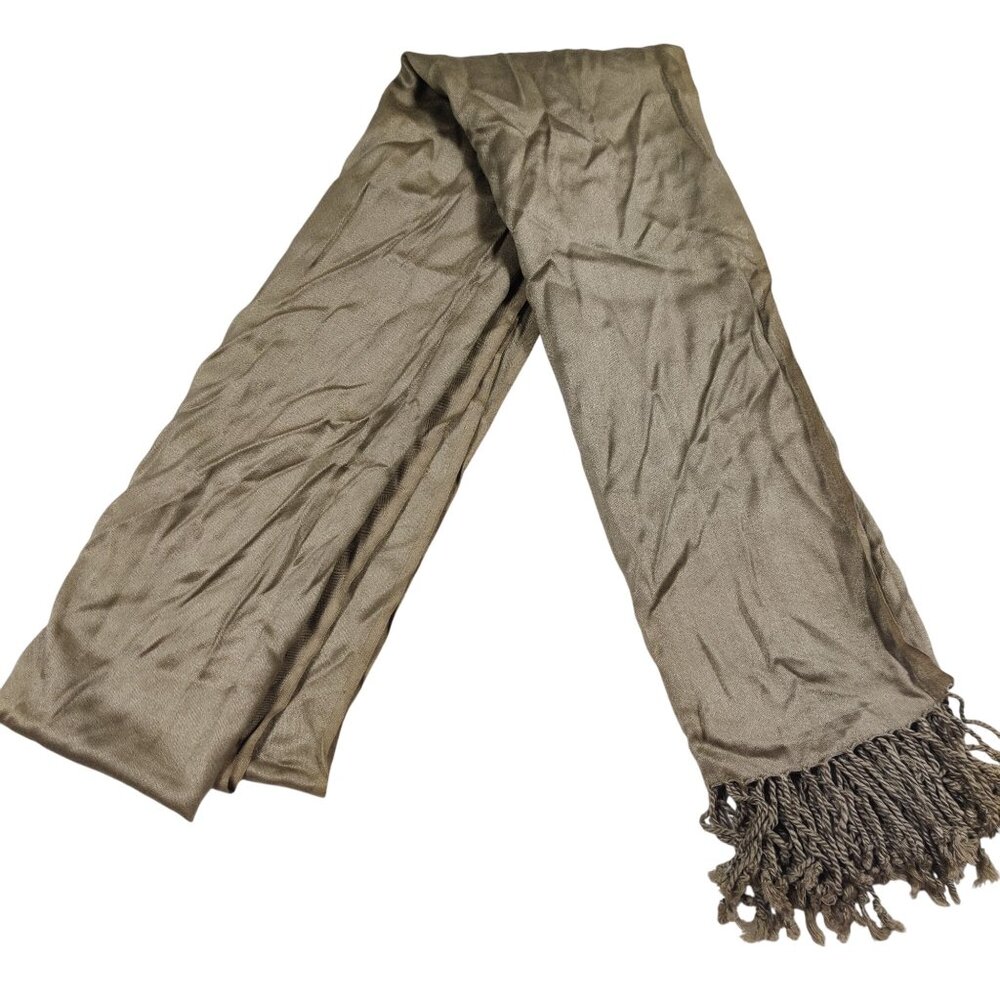 Taupe Gray Fringe Scarf Lightweight Soft Drape Minimalist Boho Festival Wrap - Picture 6 of 7